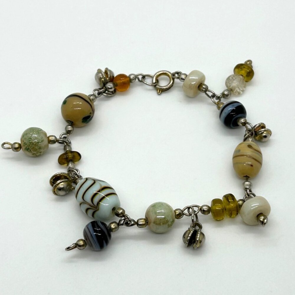 Vintage Lampwork Glass Bead Silver-tone Charm Bracelet Handmade Artisan Jewelry